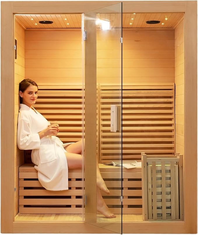 Wooden Steam Sauna Room, 2 Person Canadian Hemlock Luxurious Indoor Sauna