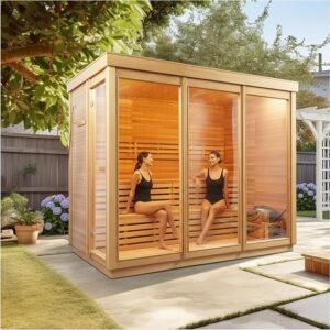 Outdoor Corner Steam Sauna, 8 Person Traditional Canadian Hemlock Sauna